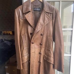 Men's Dolce and Gabbana Jacket Leather Brown Formal Long Trench Coat Size 50